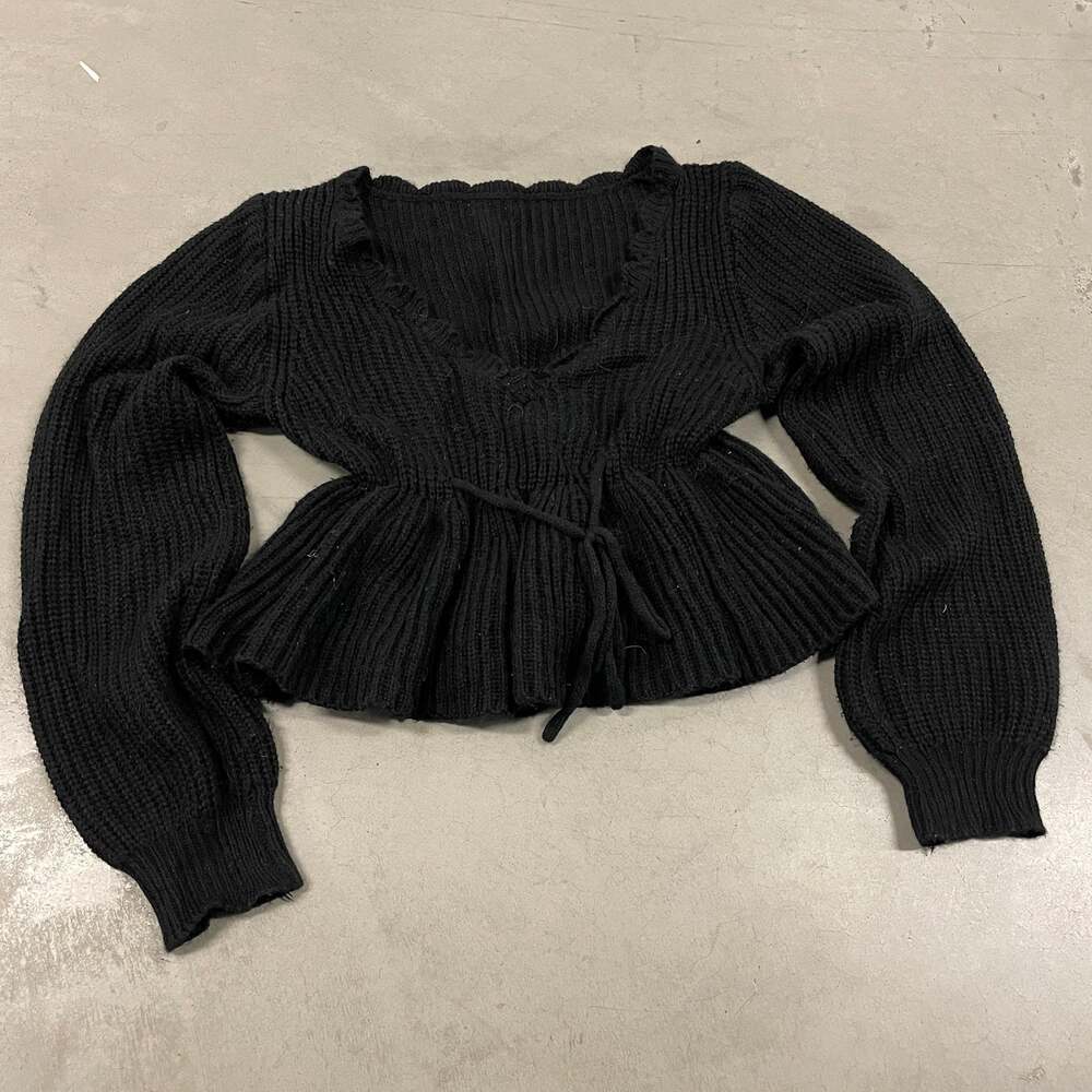 Scallop Trim Tie-Front Peplum Knit Sweater